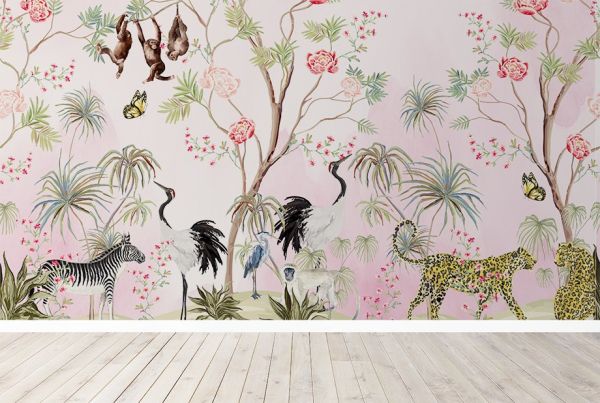 Papel pintado infantil selva tropical rosa