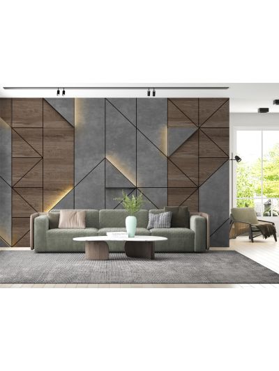 Papel de colgadura adhesivo para salas 3D - Gris y Madera.