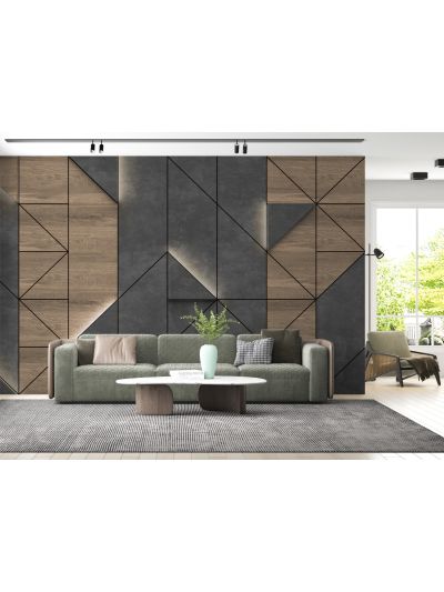 Papel de colgadura adhesivo para salas 3D - Gris Plomo y Madera.