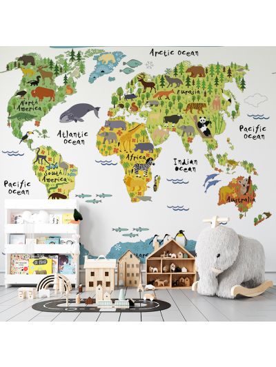 Papel de colgadura adhesivo para Habitaciones de MAPAS INFANTIL - Vida Animal.