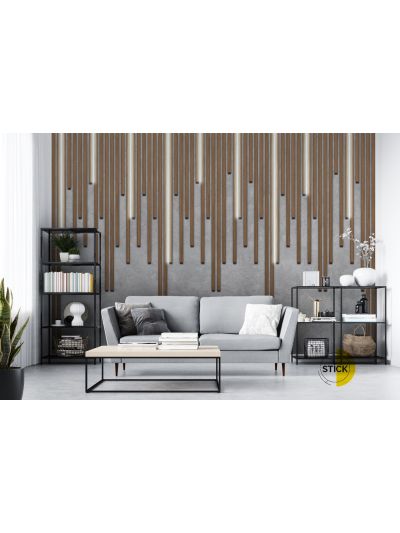 Papel de colgadura adhesivo para salas 3D - Hibrido Geometral Concreto y Madera Dinámico Gris y Café.