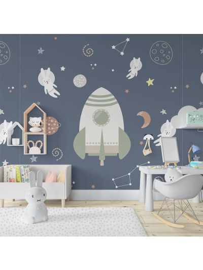 Papel de Colgadura Infantil de Cohete y Galaxia - Gris - Azul. (Personalízalo con el nombre del Niño)